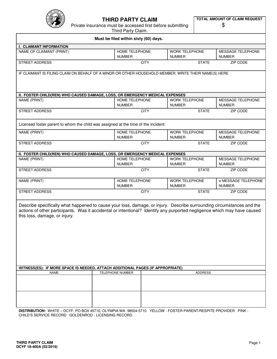 DCYF Form 18-400A Third Party Claim Checklist - Washington, Page 2