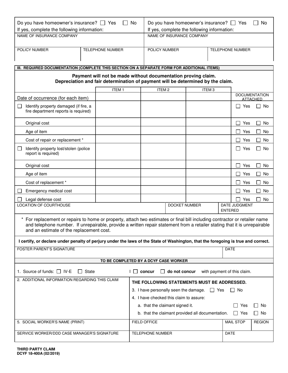 DCYF Form 18-400A Third Party Claim Checklist - Washington, Page 3