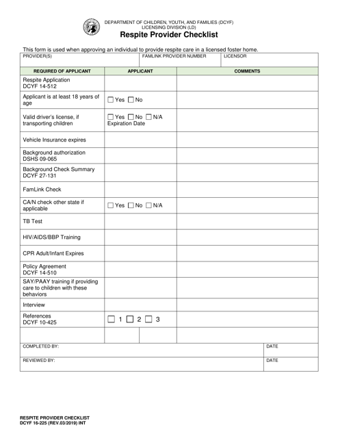 DCYF Form 16-225  Printable Pdf
