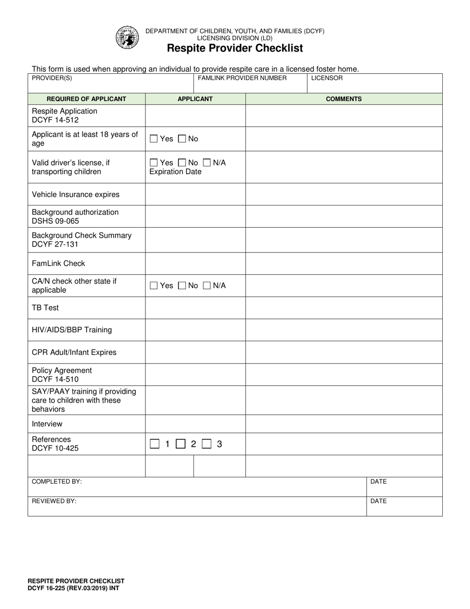DCYF Form 16-225 Respite Provider Checklist - Washington, Page 1