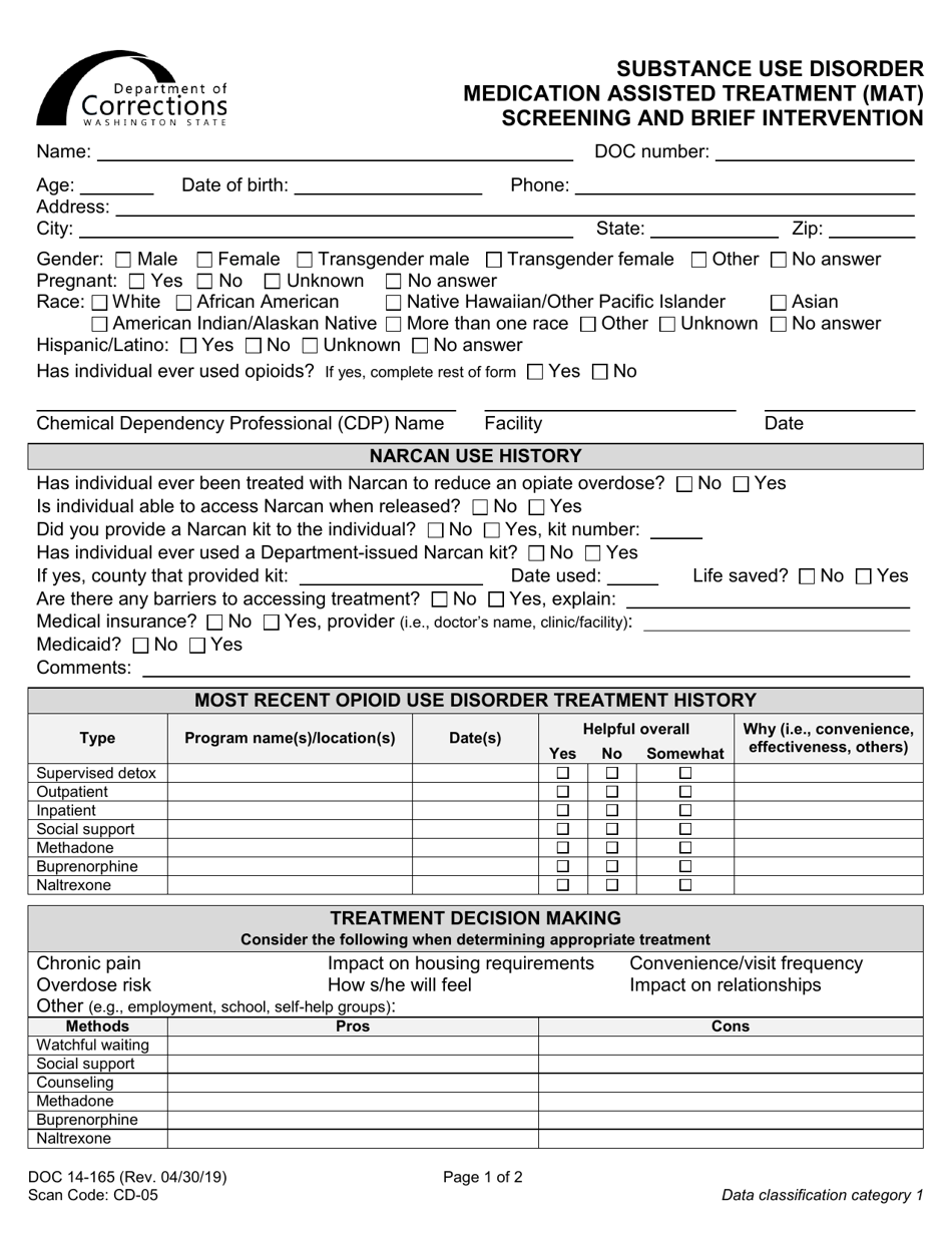 Form DOC14-165 Substance Use Disorder Medication Assisted Treatment (Mat) Screening and Brief Intervention - Washington, Page 1
