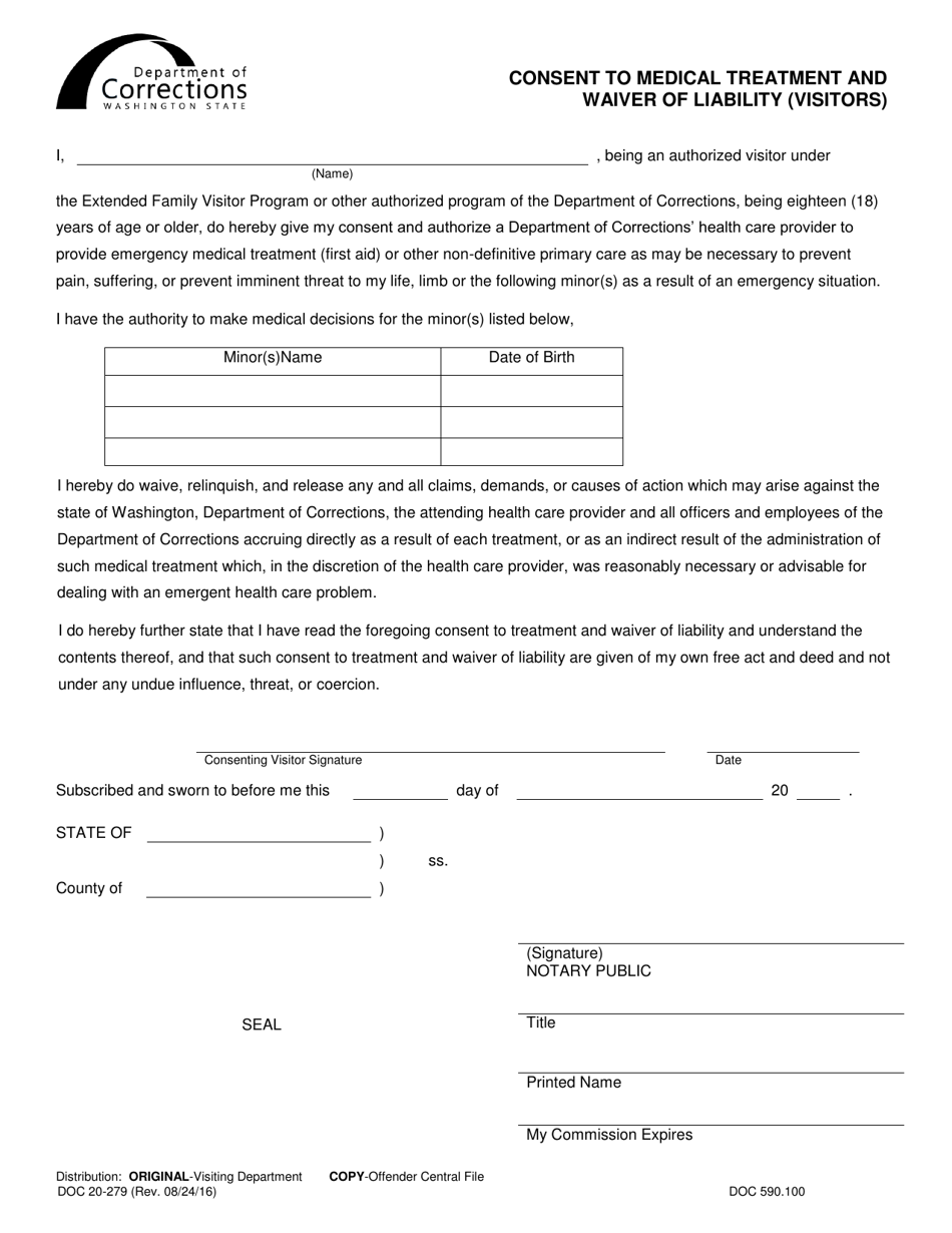 Form DOC20-279 Consent to Medical Treatment and Waiver of Liability (Visitors) - Washington, Page 1