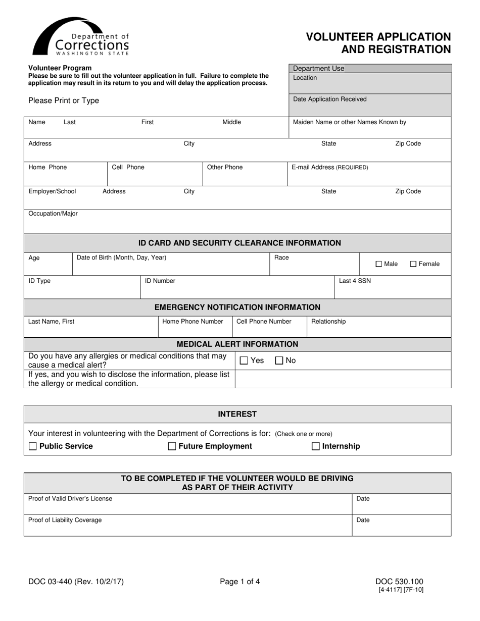 Form DOC03-440 Volunteer Application and Registration - Washington, Page 1