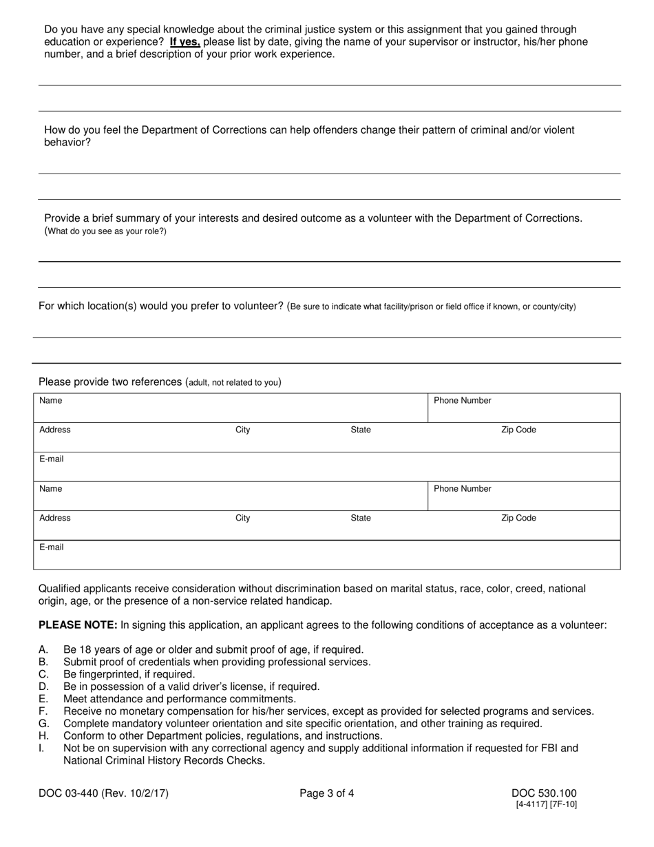 Form DOC03-440 Volunteer Application and Registration - Washington, Page 3