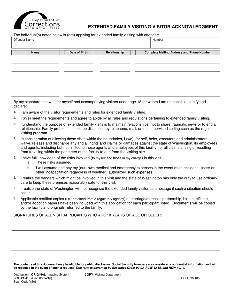 Form DOC21-415 Extended Family Visiting Visitor Acknowledgment - Washington, Page 1