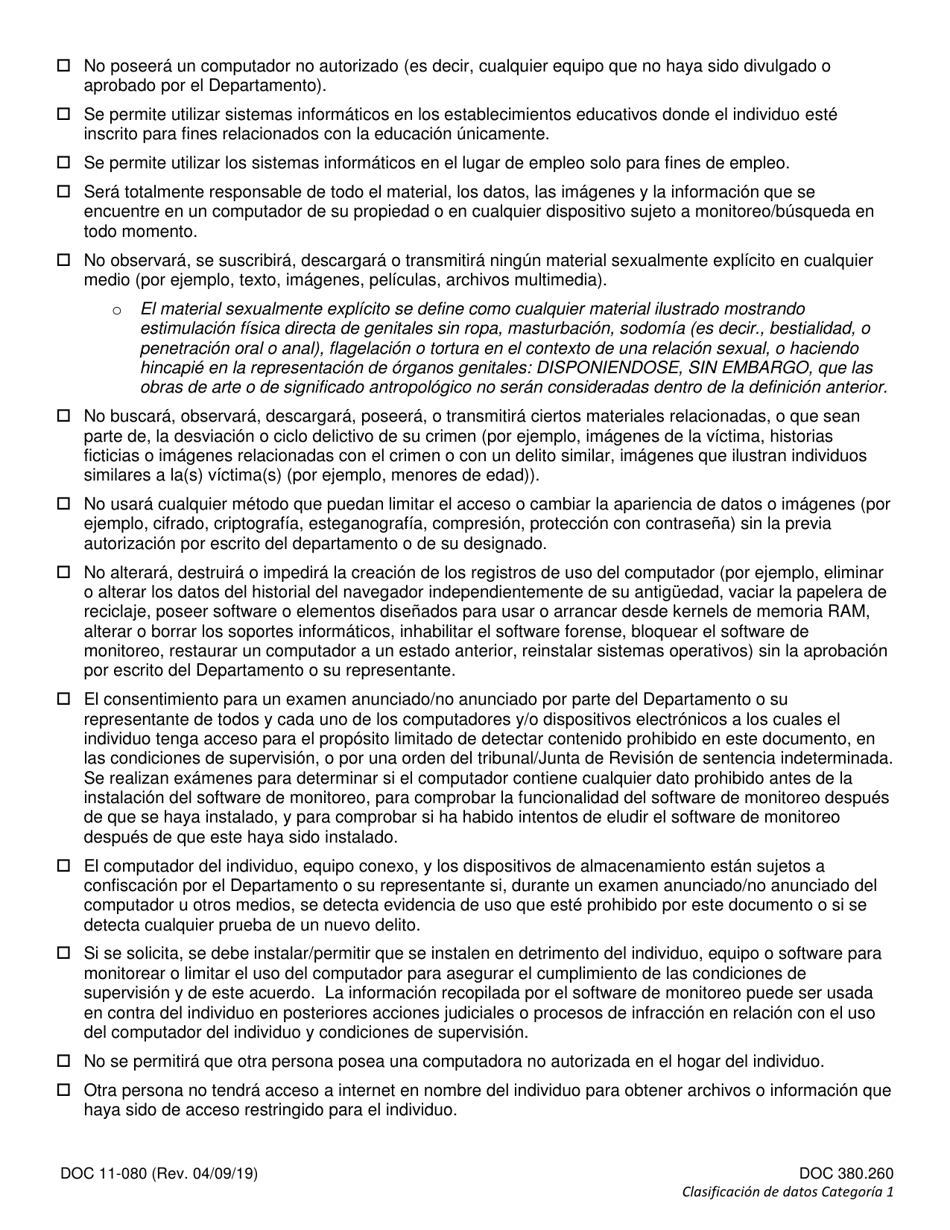 Formulario DOC11-080ES Acuerdo De Monitoreo De Redes Sociales Y Dispositivos Electronicos - Washington (Spanish), Page 2