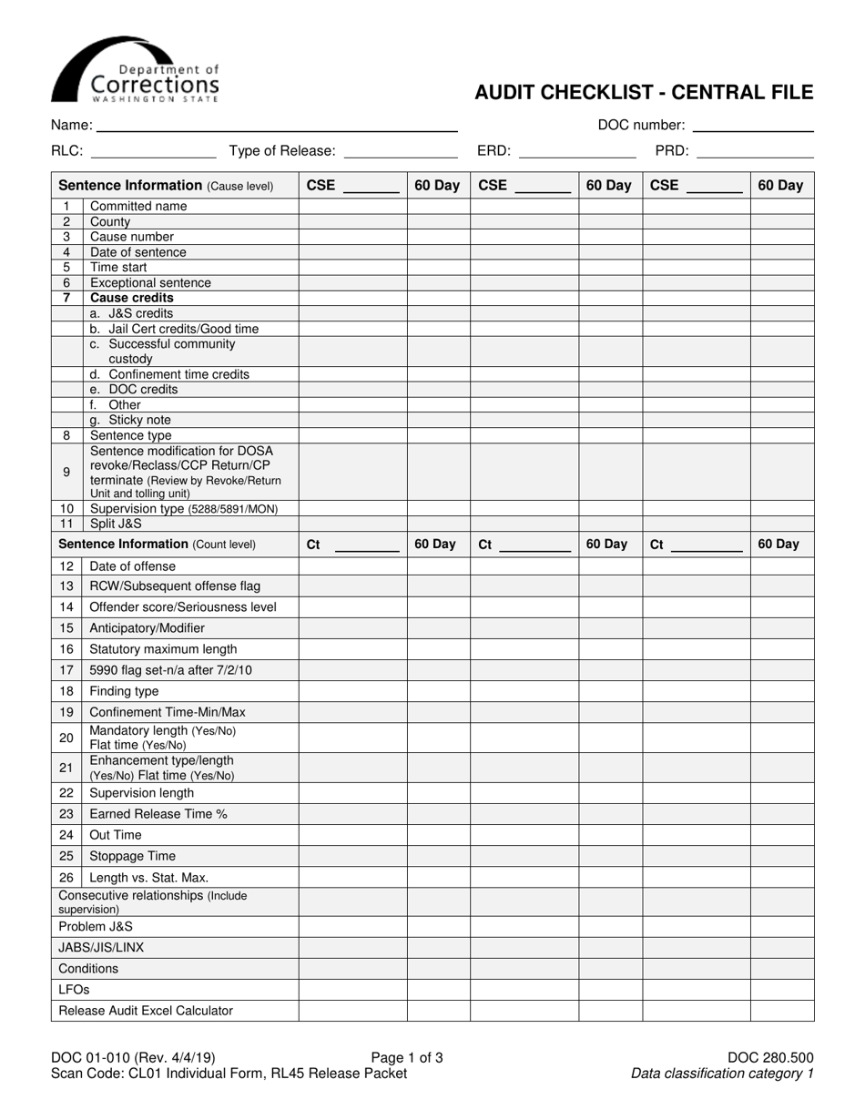 Form DOC01-010 Audit Checklist - Central File - Washington, Page 1