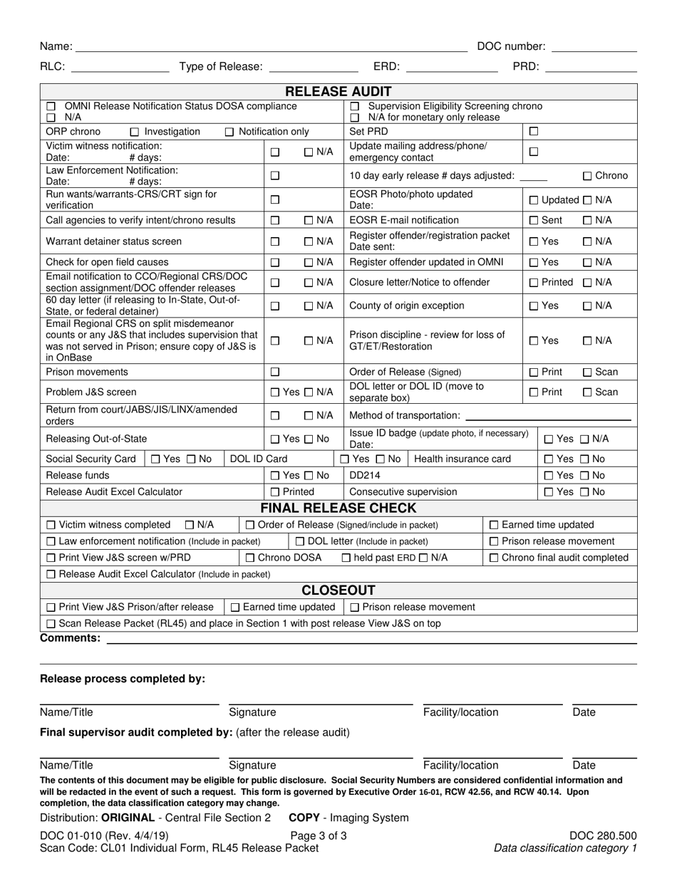 Form DOC01-010 Audit Checklist - Central File - Washington, Page 3