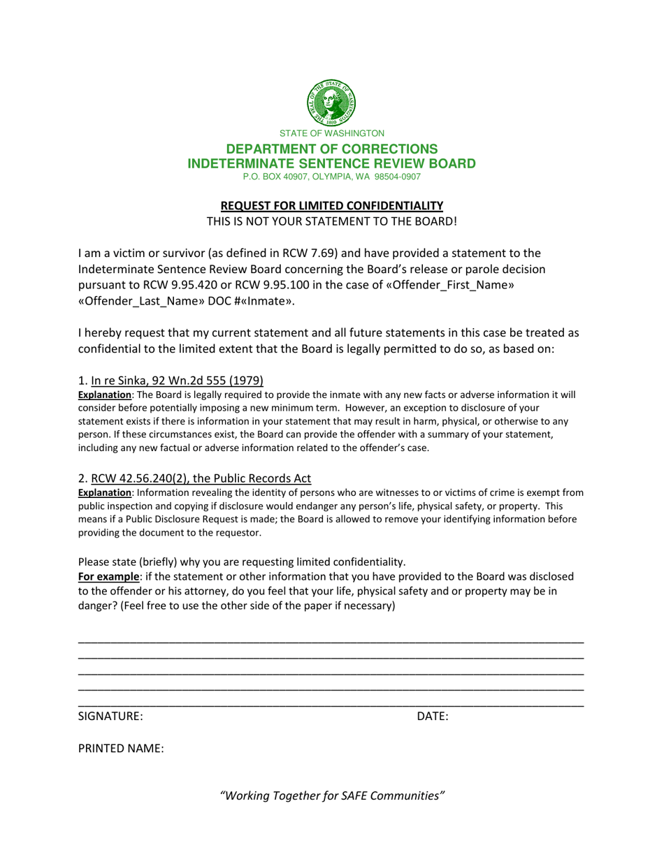 Request for Limited Confidentiality - Washington, Page 1
