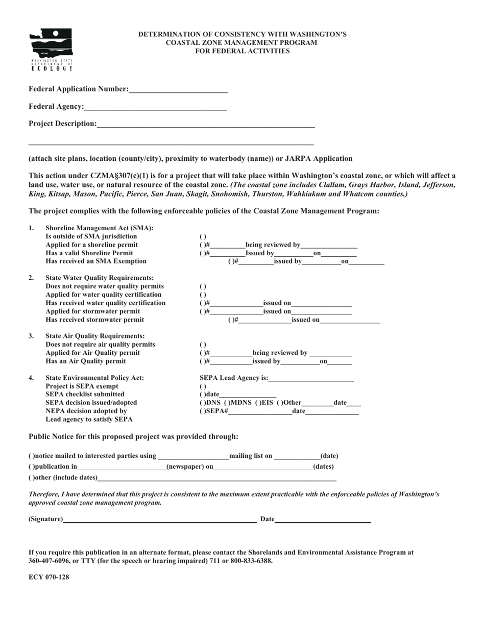 Form ECY070-128 Determination of Consistency With Washingtons Coastal Zone Management Program for Federal Activities - Washington, Page 1