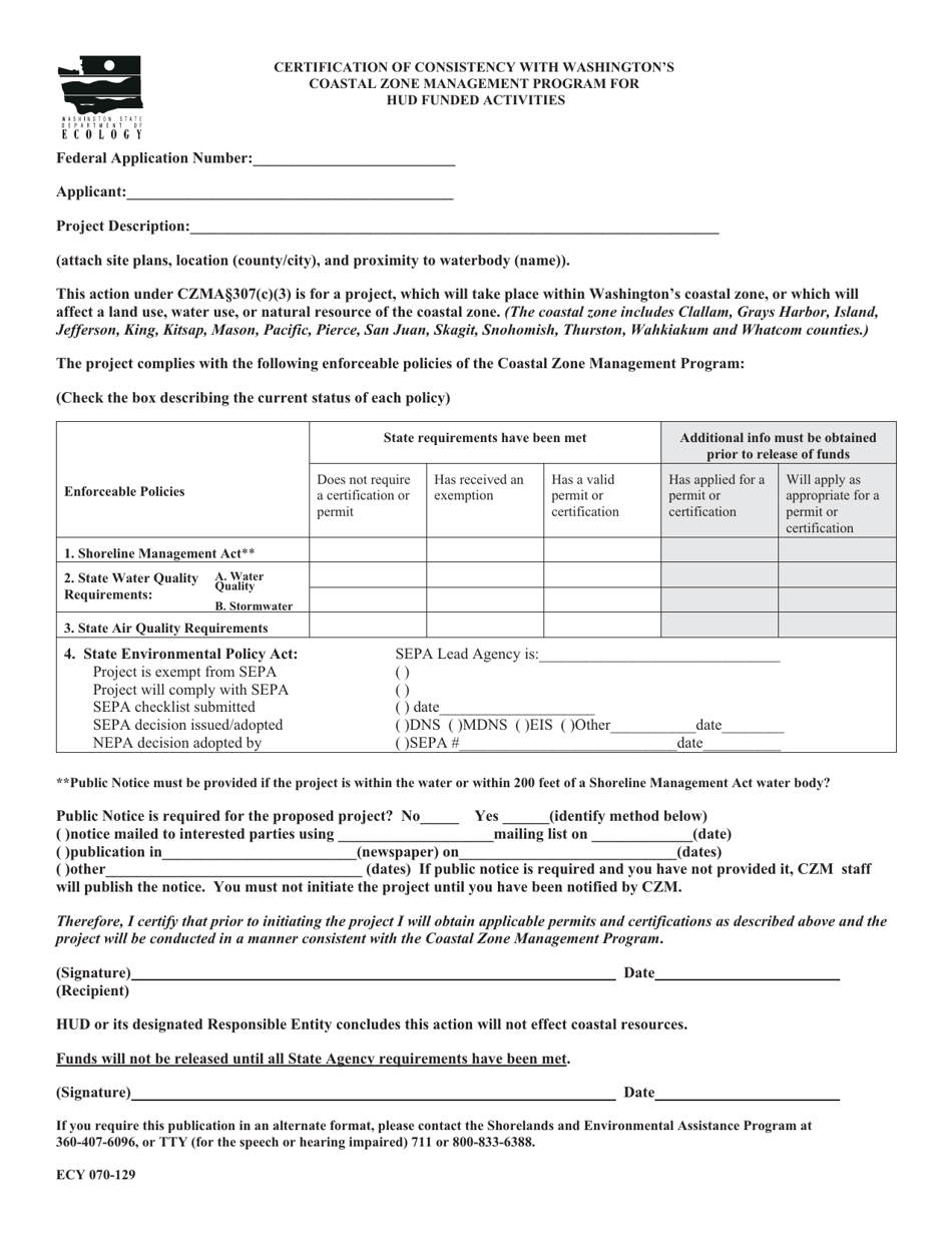 Form ECY070-129 Certification of Consistency With Washingtons Coastal Zone Management Program for Hud Funded Activities - Washington, Page 1