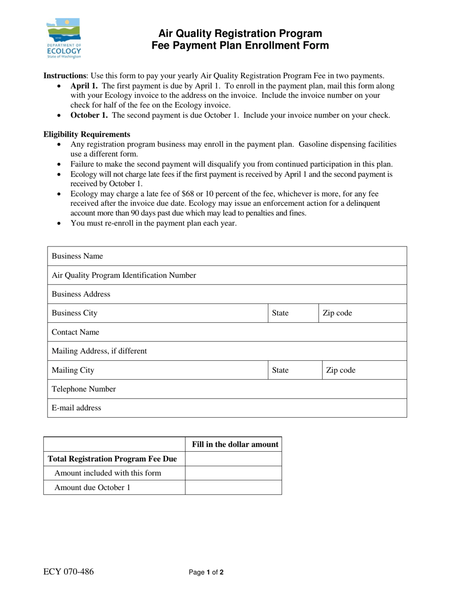 Form ECY070-486 Air Quality Registration Program Fee Payment Plan Enrollment Form - Washington, Page 1