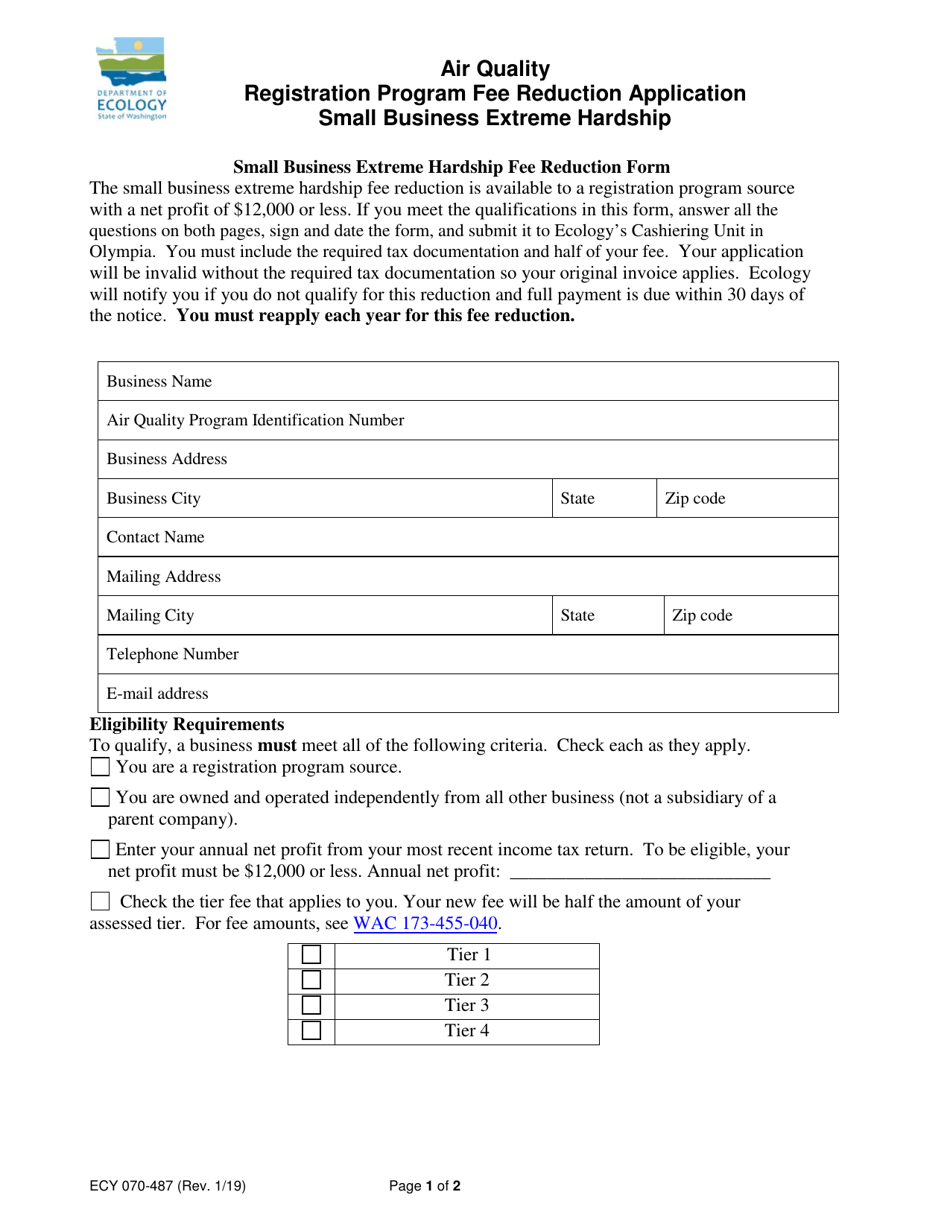 Form ECY070-487 Small Business Extreme Hardship Fee Reduction Form - Washington, Page 1