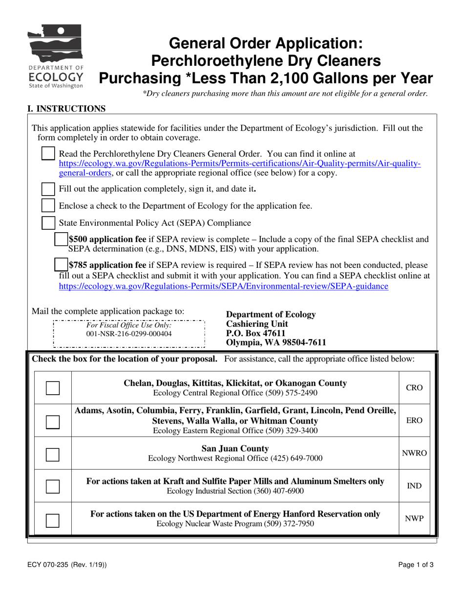 Form ECY070-235 General Order Application: Perchloroethylene Dry Cleaners Purchasing Less Than 2100 Gallons Per Year - Washington, Page 1