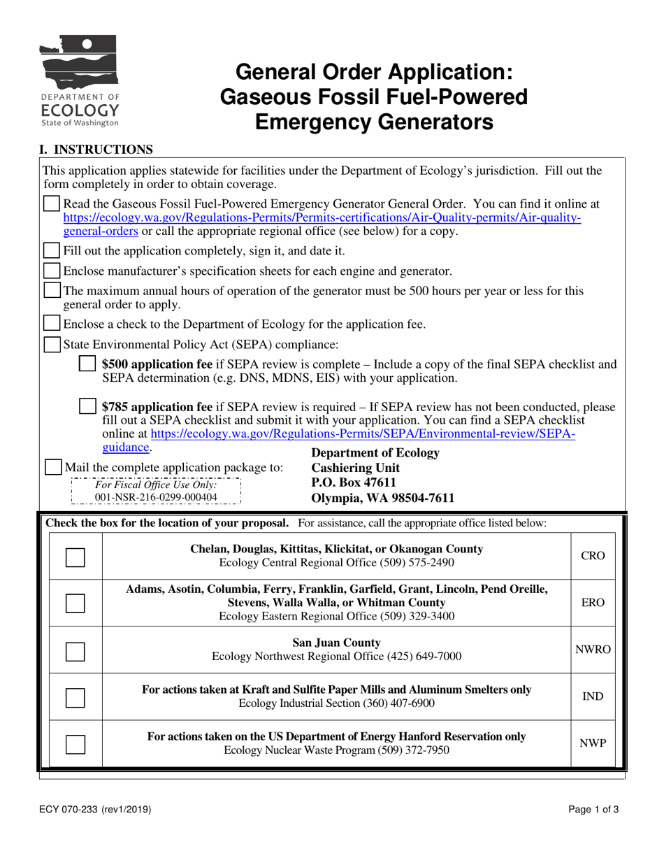 Form ECY070-233 General Order Application: Gaseous Fossil Fuel-Powered Emergency Generators - Washington, Page 1