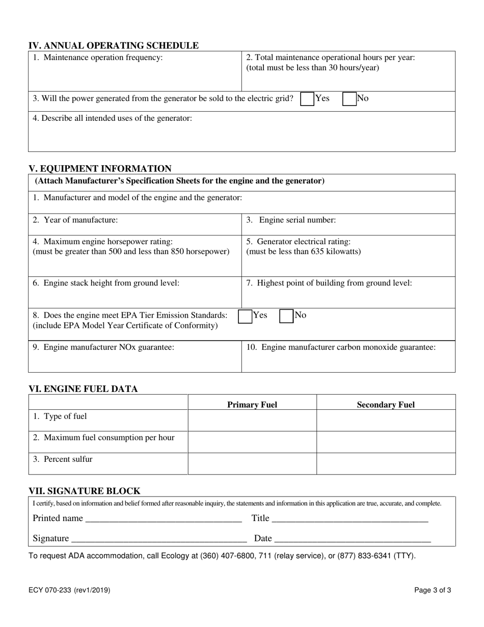 Form ECY070-233 General Order Application: Gaseous Fossil Fuel-Powered Emergency Generators - Washington, Page 3