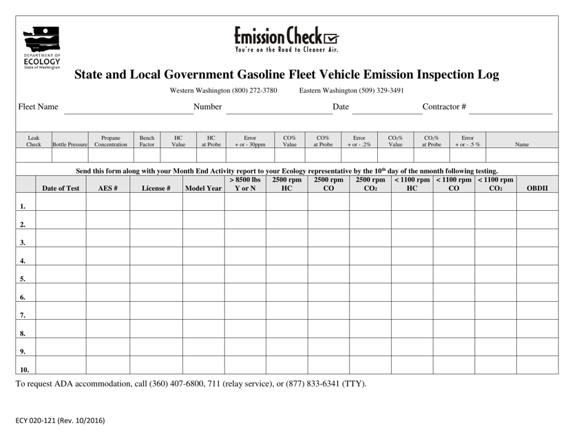Form ECY020-121 State and Local Government Gasoline Fleet Vehicle Emission Inspection Log - Washington