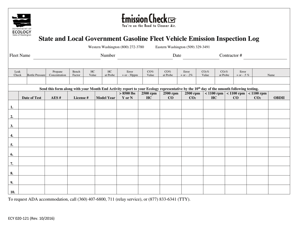 Form ECY020-121 State and Local Government Gasoline Fleet Vehicle Emission Inspection Log - Washington, Page 1