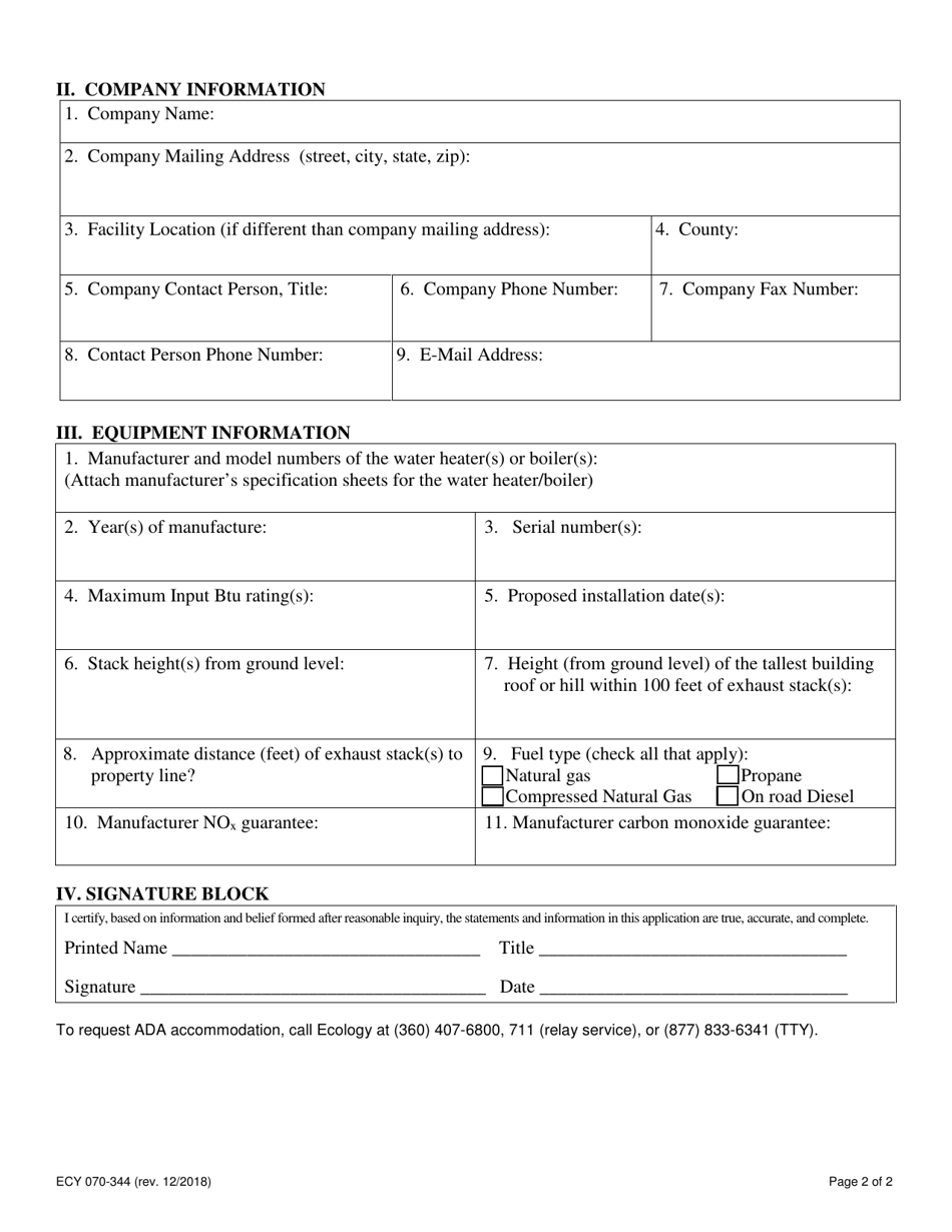 Form ECY070-344 General Order Application: Small Water Heaters and Steam Generating Boilers - Washington, Page 2
