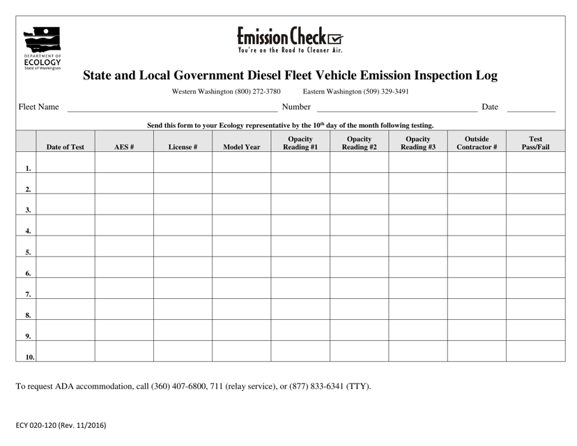 Form ECY020-120 State and Local Government Diesel Fleet Vehicle Emission Inspection Log - Washington