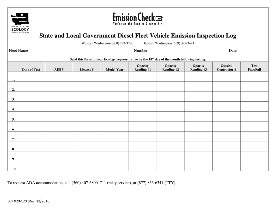 Form ECY020-120 State and Local Government Diesel Fleet Vehicle Emission Inspection Log - Washington, Page 1