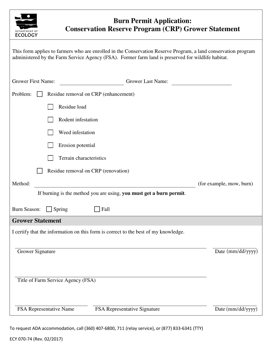Form ECY070-74 Burn Permit Application: Conservation Reserve Program (Crp) Grower Statement - Washington, Page 1