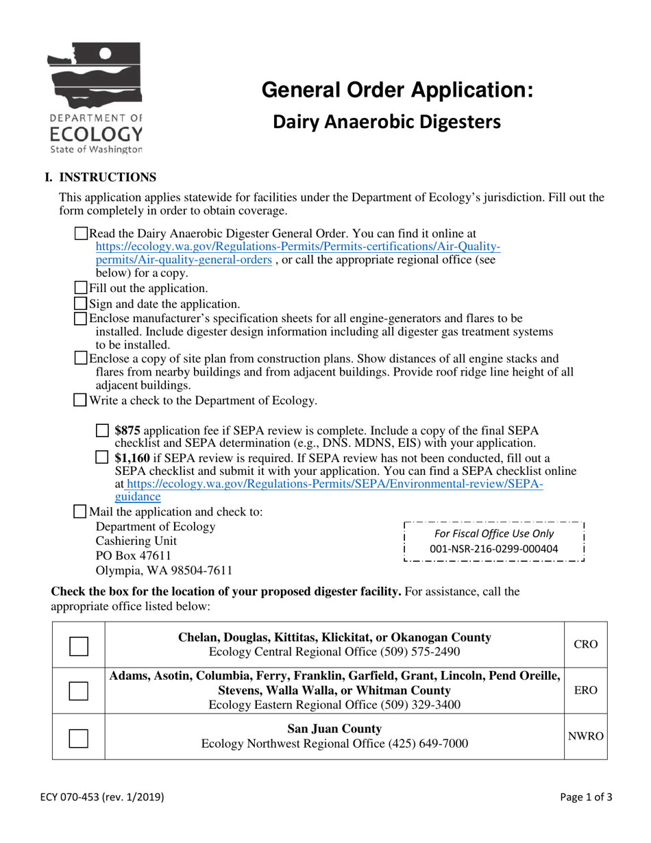 Form ECY070-453 General Order Application: Dairy Anaerobic Digesters - Washington, Page 1