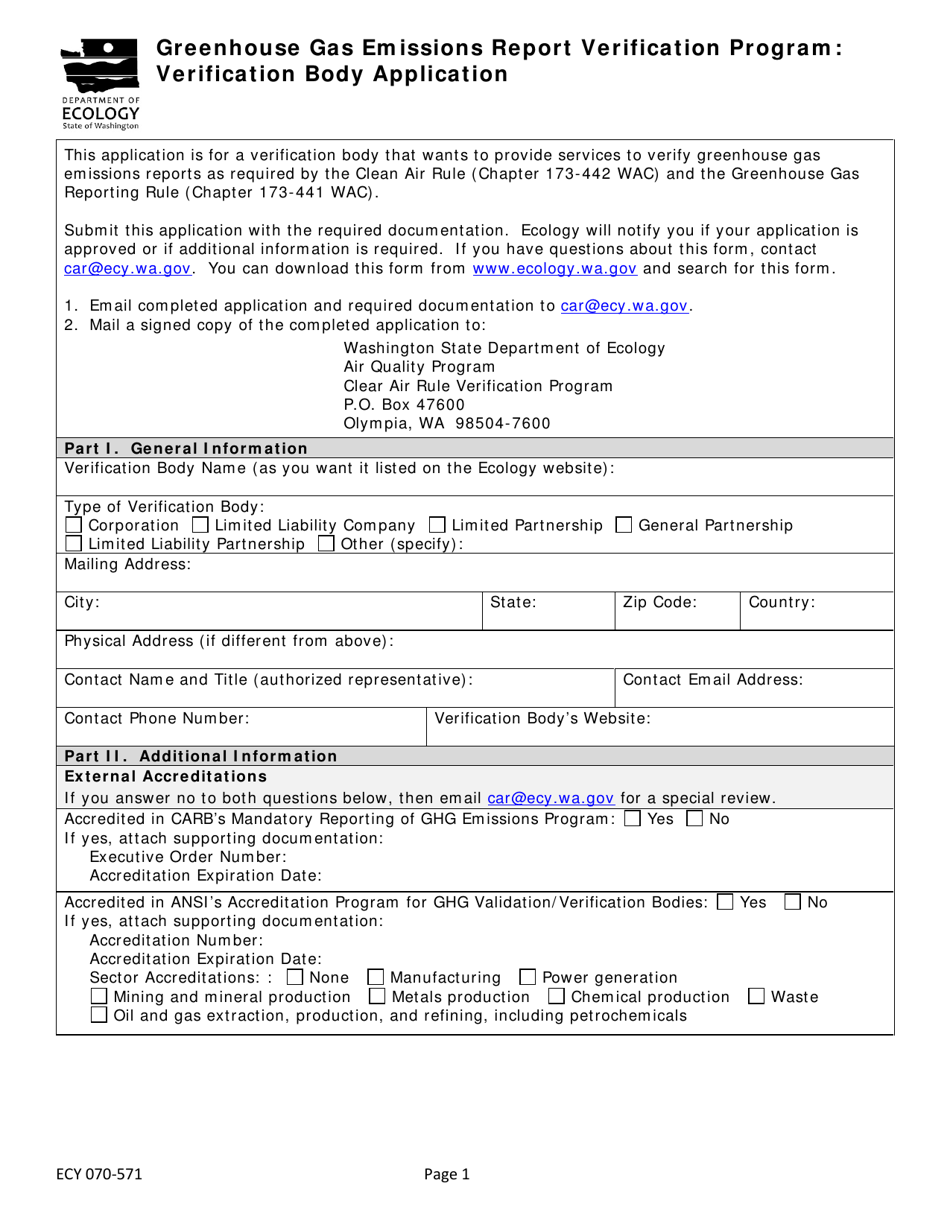 Form ECY070-571 Greenhouse Gas Emissions Report Verification Program: Verification Body Application - Washington, Page 1