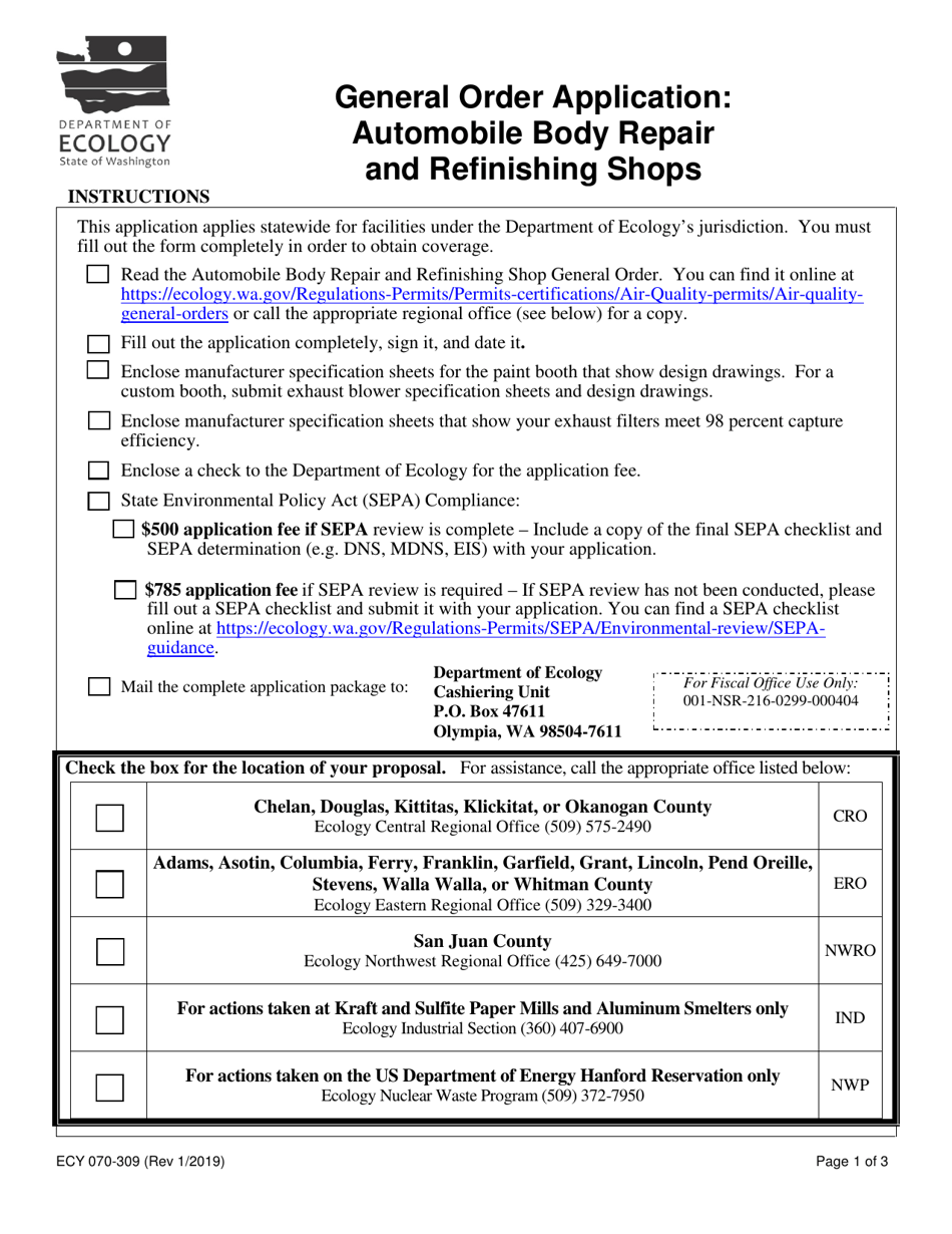 Form ECY070-309 General Order Application: Automobile Body Repair and Refinishing Shops - Washington, Page 1