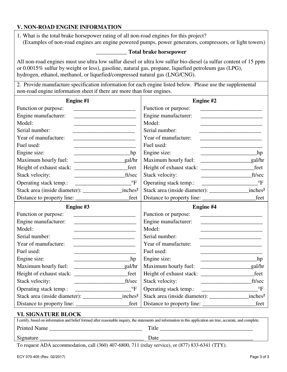 Form ECY070-405 Application for Operating Non-road Engines Cumulatively 2000 Brake Horsepower: Intent to Operate - Washington, Page 3