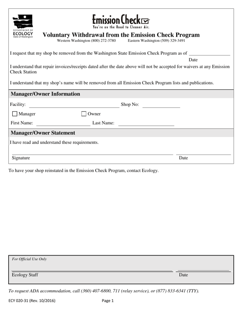 Form ECY020-31 Voluntary Withdrawal From the Emission Check Program - Washington