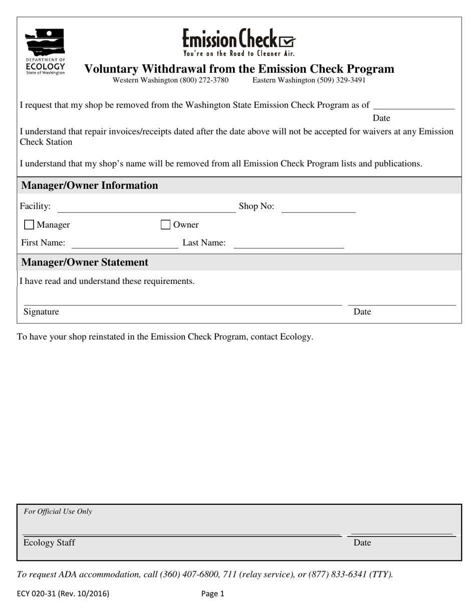 Form ECY020-31 Voluntary Withdrawal From the Emission Check Program - Washington, Page 1