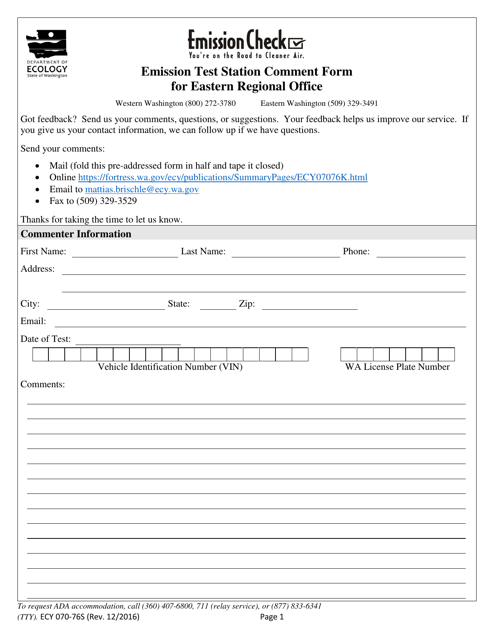 Form ECY070-76S Emission Test Station Comment Form for Eastern Regional Office (Ero) - Washington
