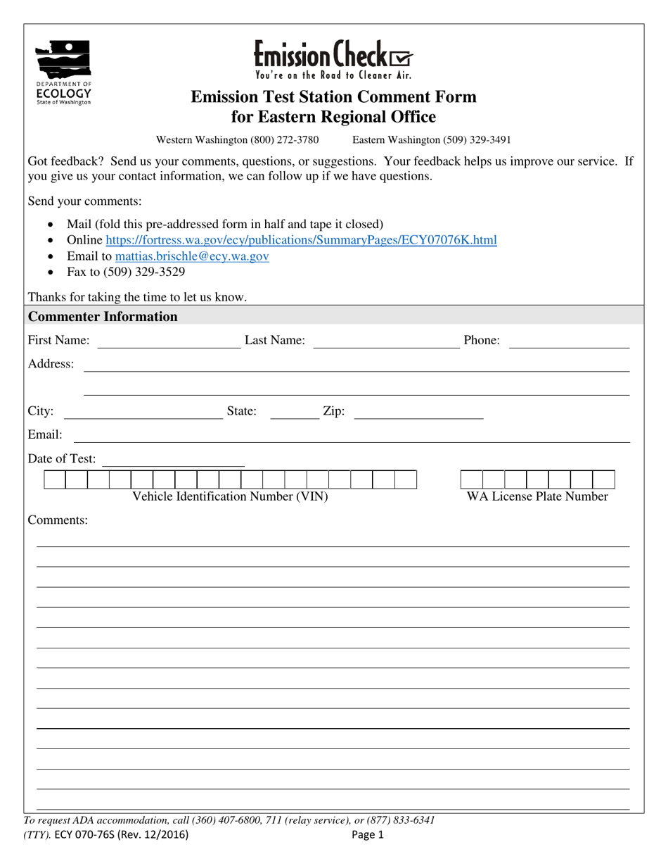 Form ECY070-76S Emission Test Station Comment Form for Eastern Regional Office (Ero) - Washington, Page 1