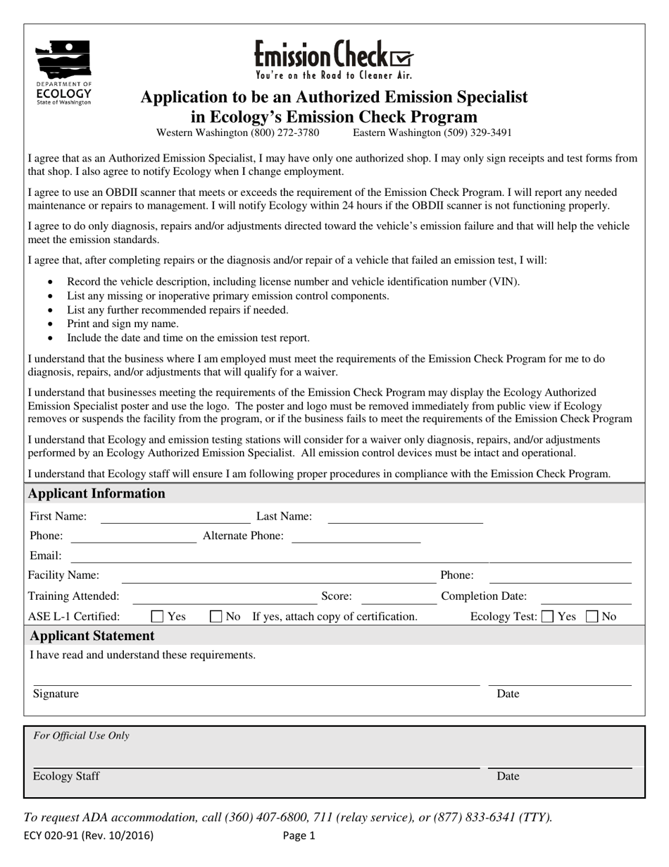 Form ECY020-91 Application to Be an Authorized Emission Specialist in Ecologys Emission Check Program - Washington, Page 1