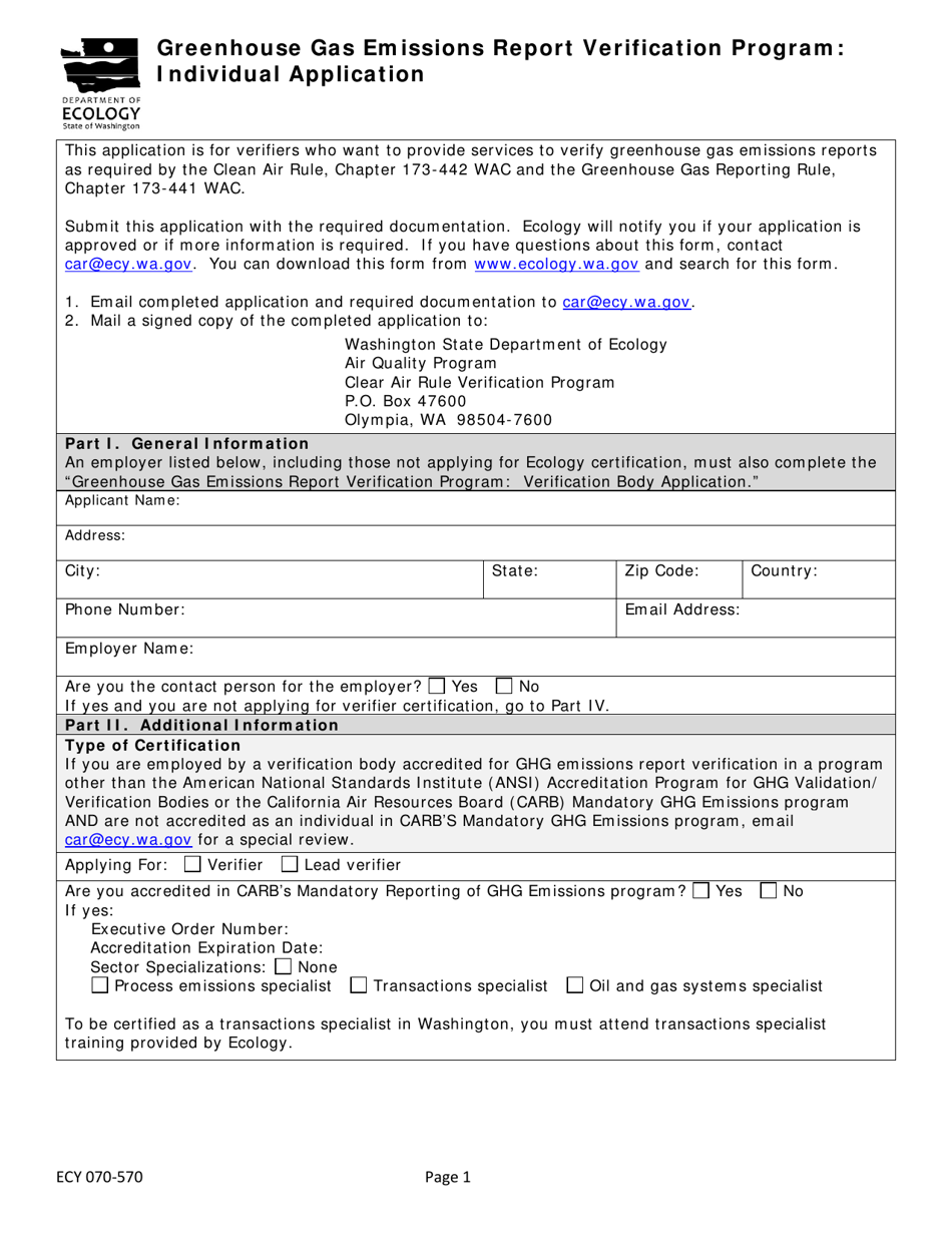 Form ECY070-570 Greenhouse Gas Emissions Report Verification Program: Individual Application - Washington, Page 1