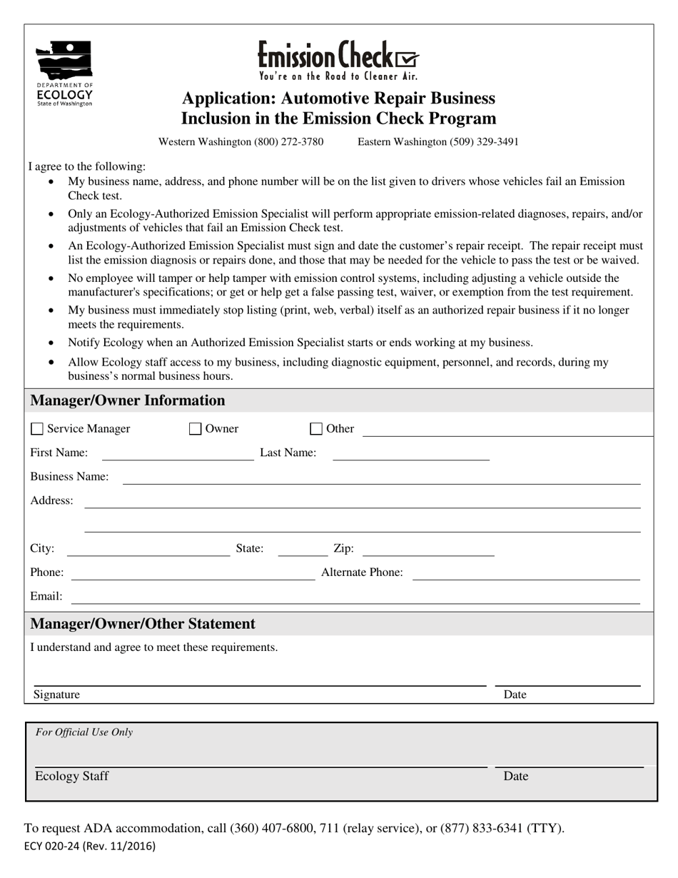 Form ECY020-24 Application: Automotive Repair Business Inclusion in the Emission Check Program - Washington, Page 1