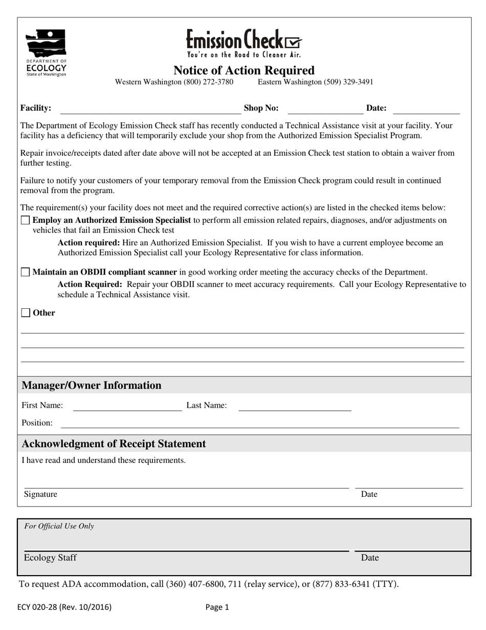 Form ECY020-28 Notice of Action Required - Washington, Page 1