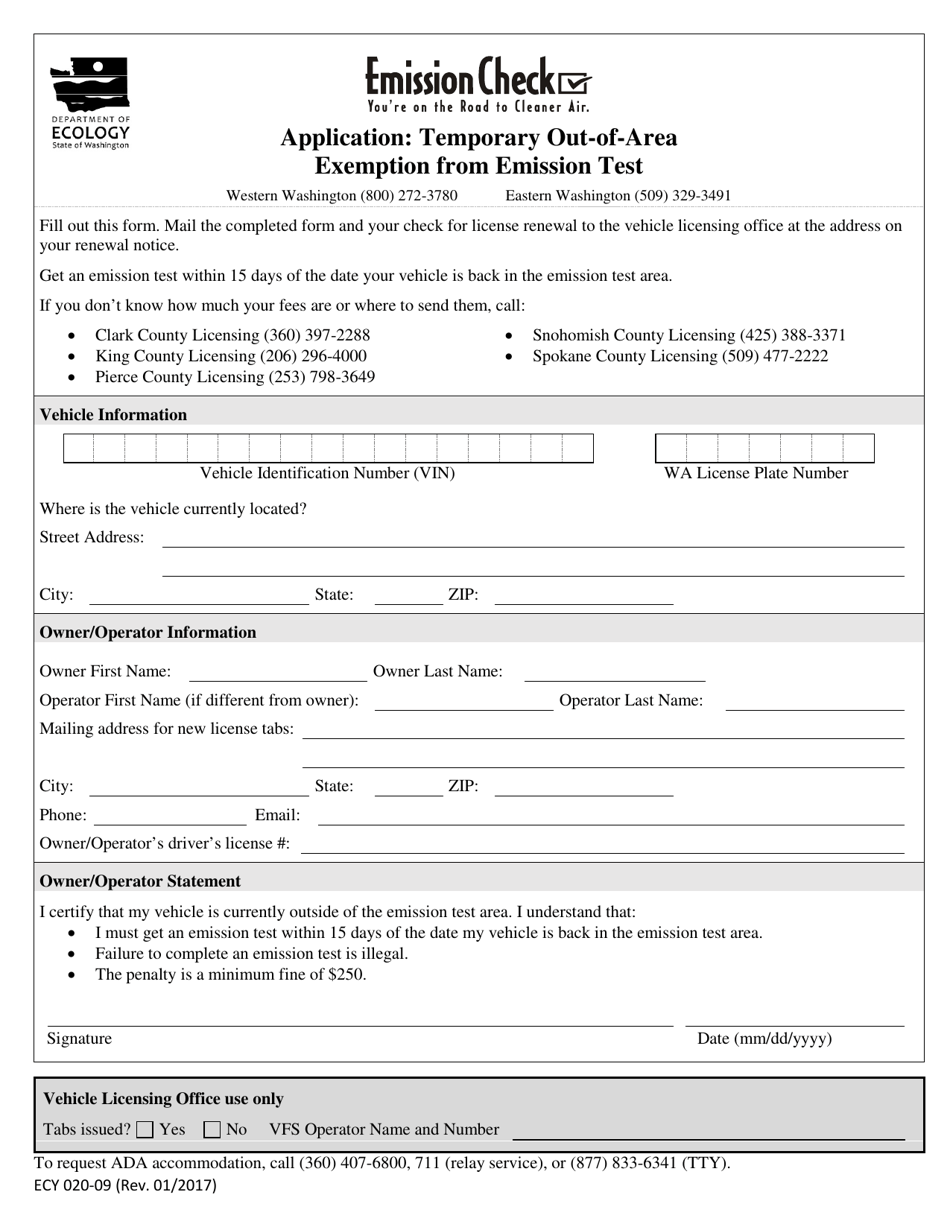 Form ECY020-09 Emission Check Application: Temporary out-Of-Area Exemption From Emission Test - Washington, Page 1