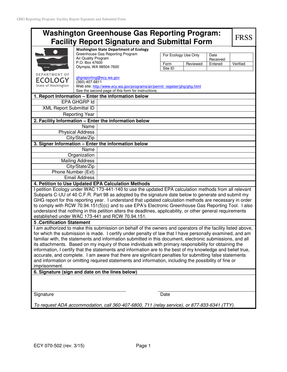 Form ECY070-502 Washington Greenhouse Gas Reporting Program: Facility Report Signature and Submittal Form - Washington, Page 1