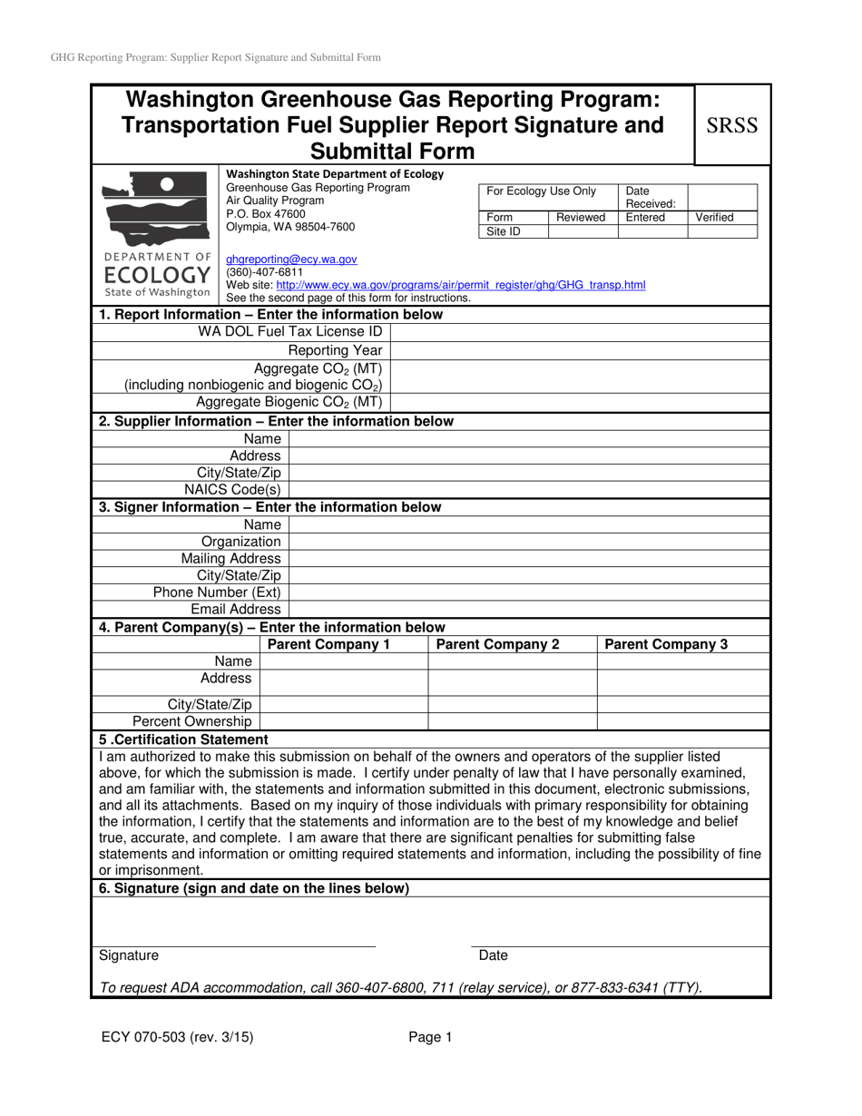 Form ECY070-503 Washington Greenhouse Gas Reporting Program: Transportation Fuel Supplier Report Signature and Submittal Form - Washington, Page 1