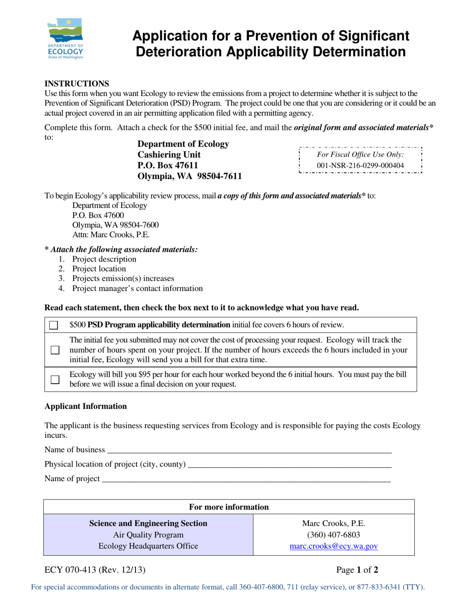 Form ECY070-413 Application for a Prevention of Significant Deterioration Applicability Determination - Washington, Page 1