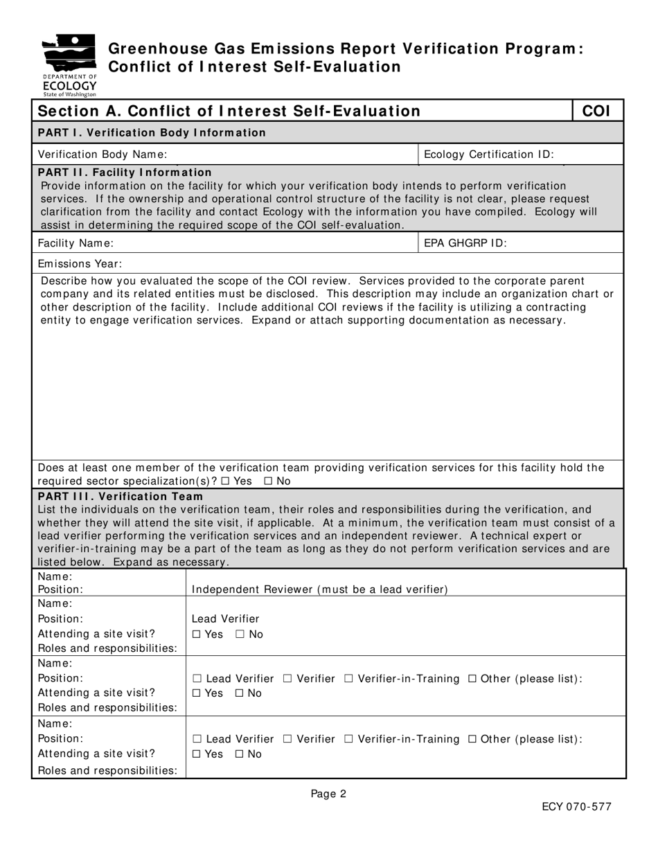 Form ECY070-577 Greenhouse Gas Emissions Report Verification Program: Conflict of Interest Self-evaluation and Notice of Verification Services - Washington, Page 2