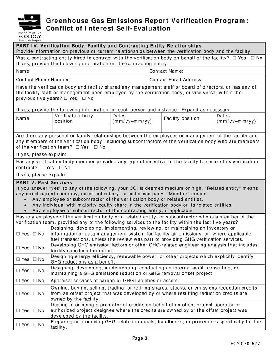 Form ECY070-577 Greenhouse Gas Emissions Report Verification Program: Conflict of Interest Self-evaluation and Notice of Verification Services - Washington, Page 3