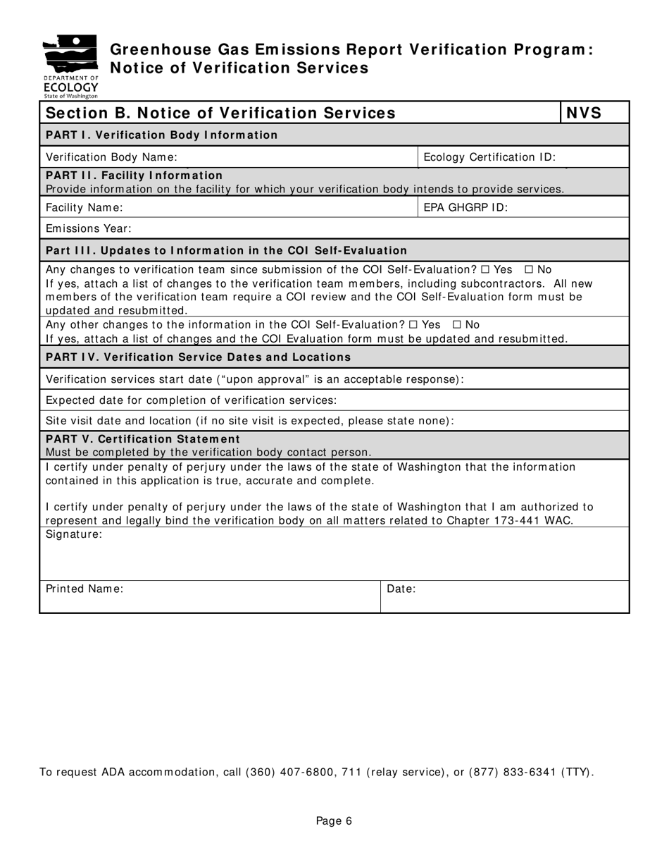 Form ECY070-577 Greenhouse Gas Emissions Report Verification Program: Conflict of Interest Self-evaluation and Notice of Verification Services - Washington, Page 6