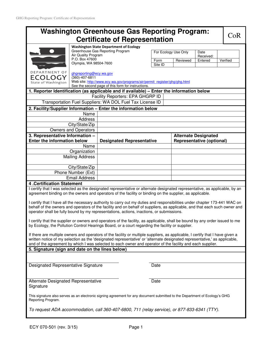 Form ECY070-501 Washington Greenhouse Gas Reporting Program: Certificate of Representation - Washington, Page 1