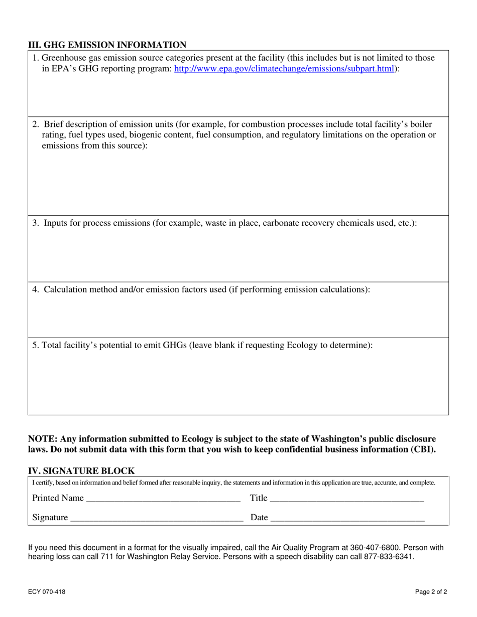 Form ECY070-418 Potential Emissions of Greenhouse Gases - Washington, Page 2