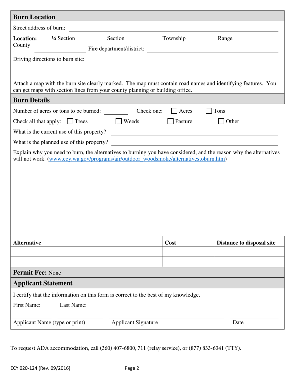 Form ECY020-124 Burn Permit Application: Land Clearing - Washington, Page 2