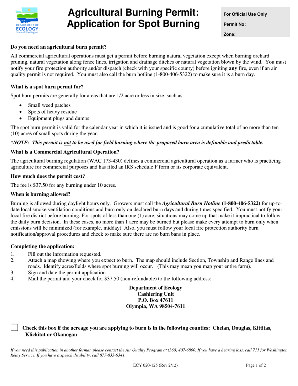 Form ECY020-125 Agricultural Burning Permit: Application for Spot Burning - Washington, Page 1