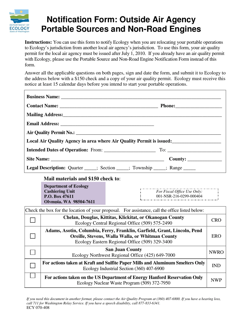 Form ECY070-408 Notification Form: Outside Air Agency Portable Sources and Non-road Engines - Washington, Page 1